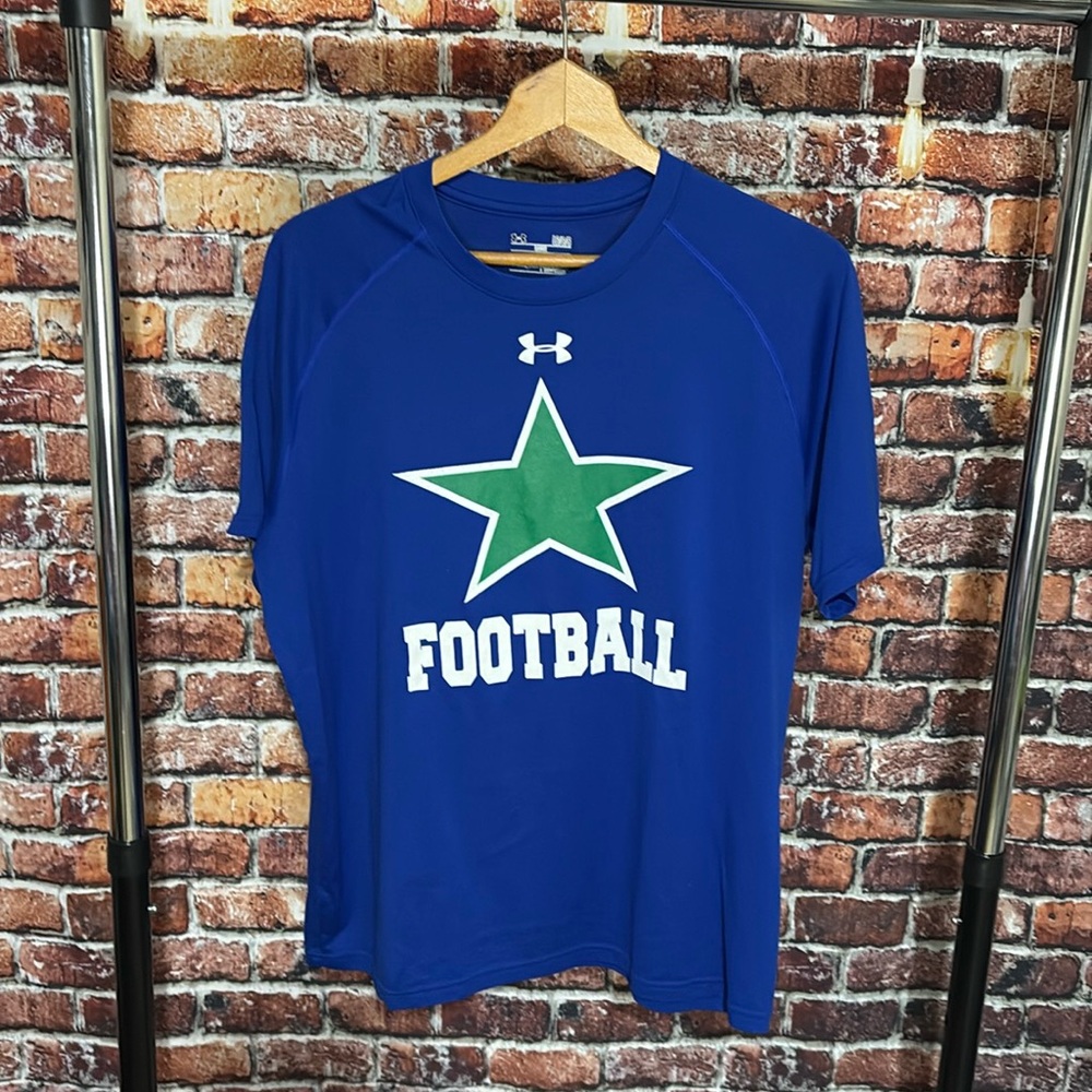 Under Armour mens tee shirt blue heat gear large loose fit green star football